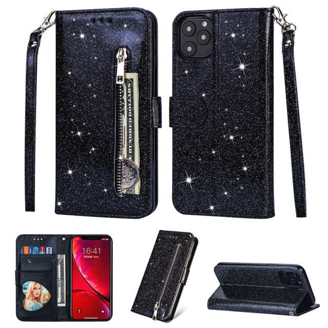 Glitter Zipper Wallet Flip HandBag Purse For Apple iPhone