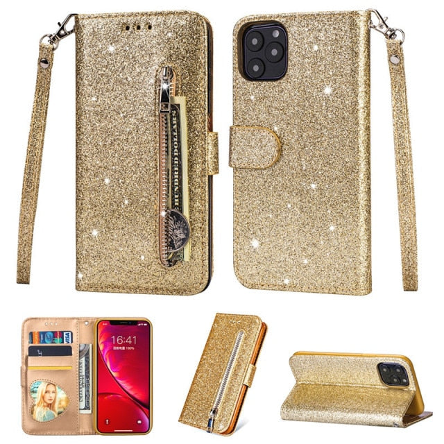 Glitter Zipper Wallet Flip HandBag Purse For Apple iPhone